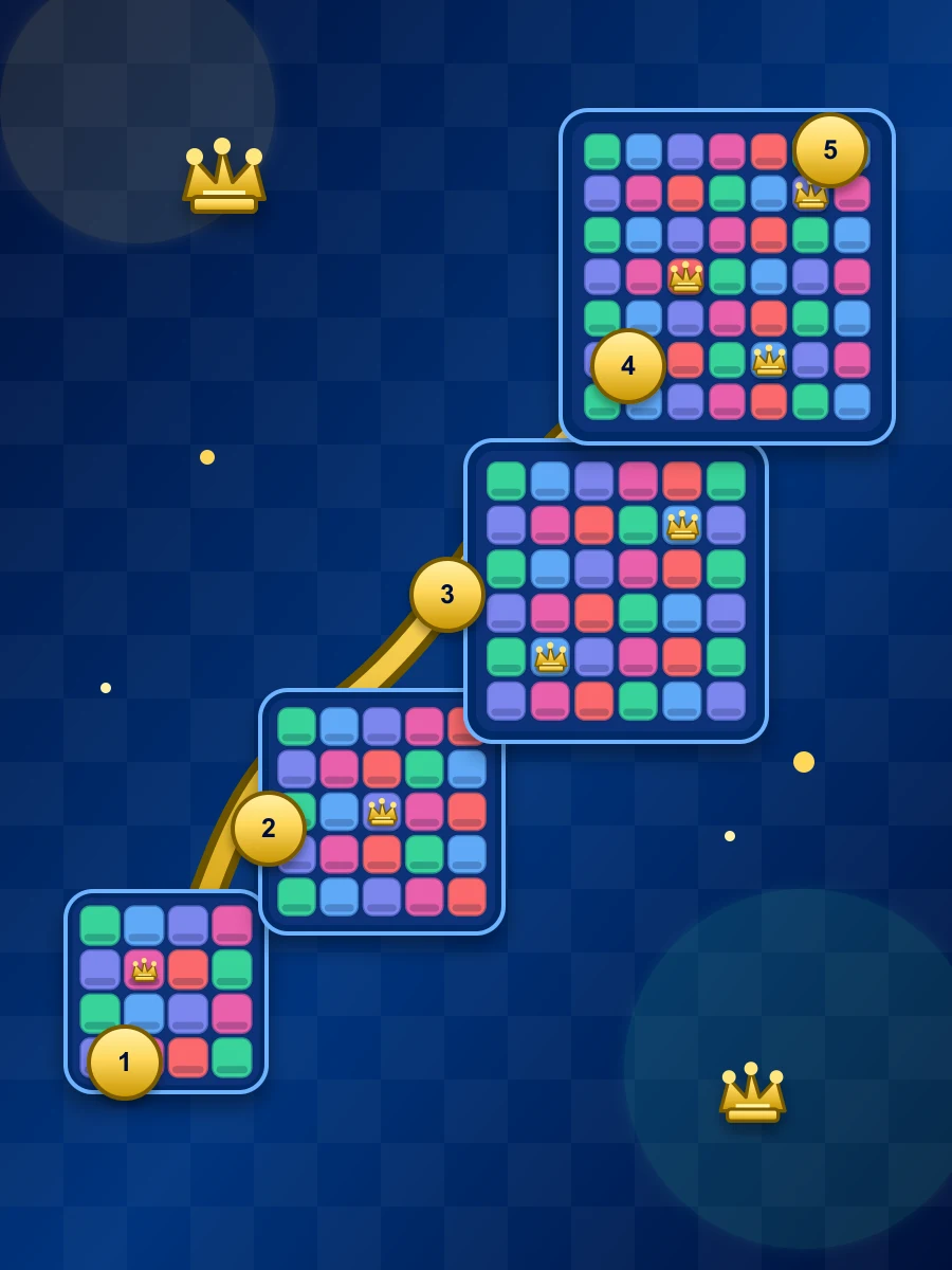 Colorful Queens puzzle board showing an unlimited level path